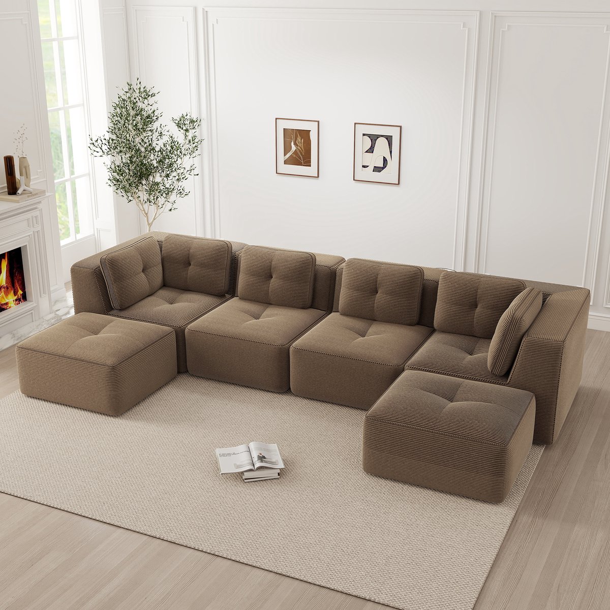Wishdor Modulaire Hoekbank - U-Vorm En Slaapfunctie - Modern - Voor Woonkamer - Ribstof - Bruin
