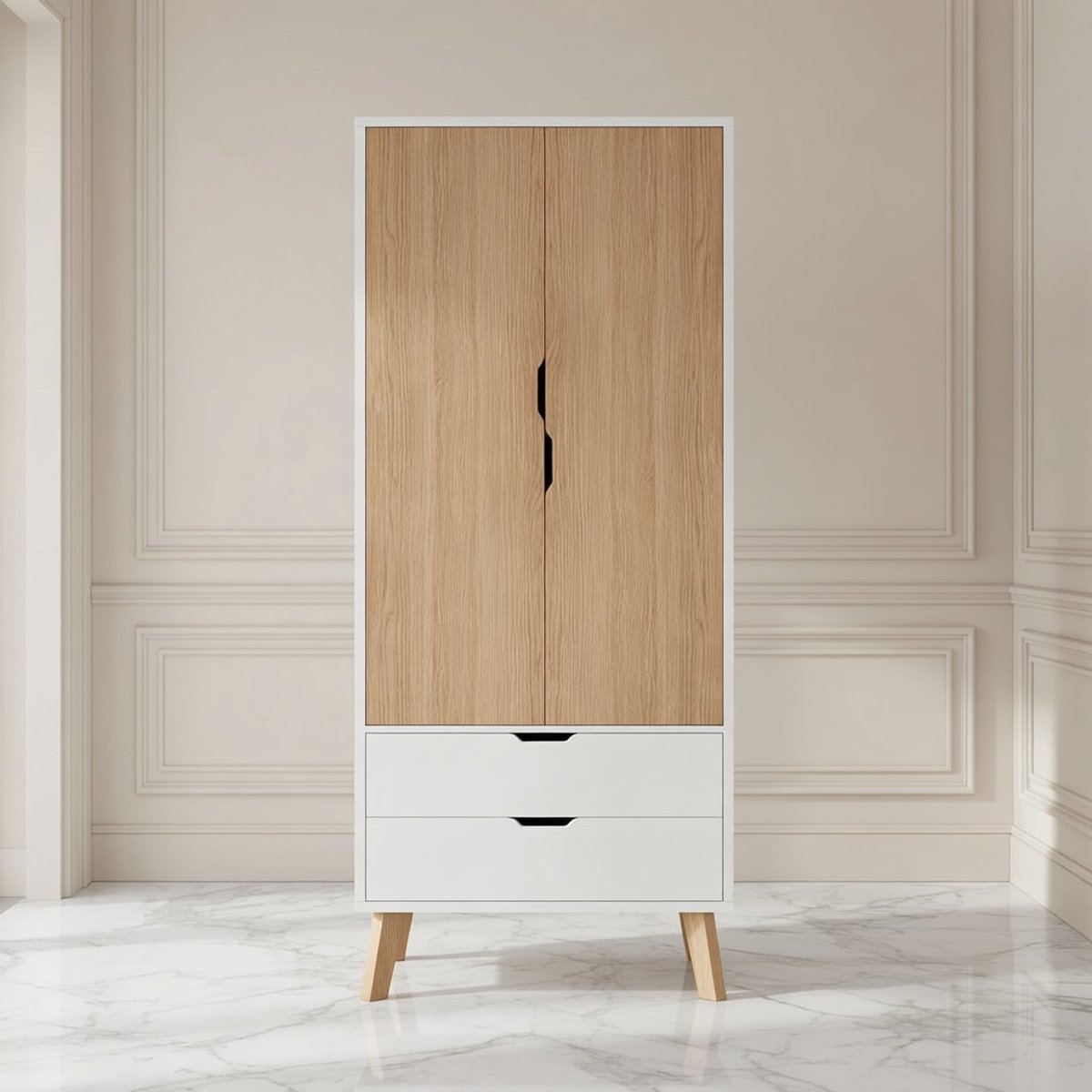 Moderne Kledingkast met Laden en Kledingstang – Wit & Houtlook – Ruimtebesparende Slaapkamerkast 198 cm – House&Garden