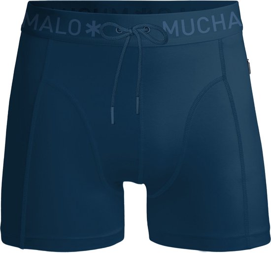 Blauwe strakke zwembroek met trekkoord, ritsvak op de zijkant en logo op de tailleband.