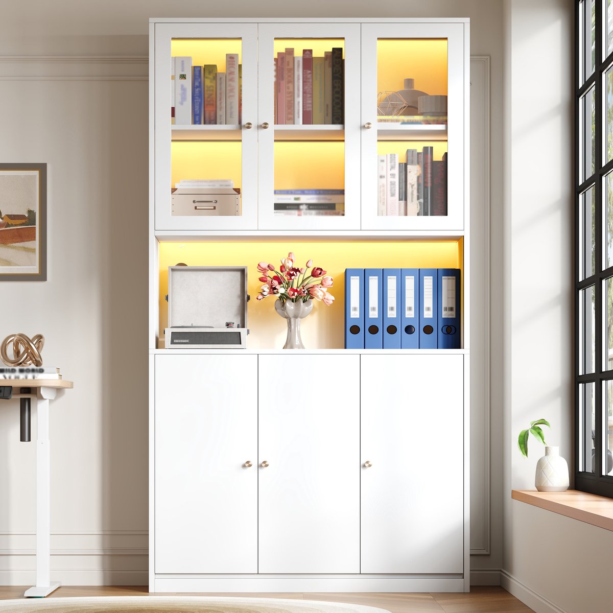 Sweiko Vitrinekast - Boekenkast - Archiefkast - Glazen deuren - LED-verlichting - Wit
