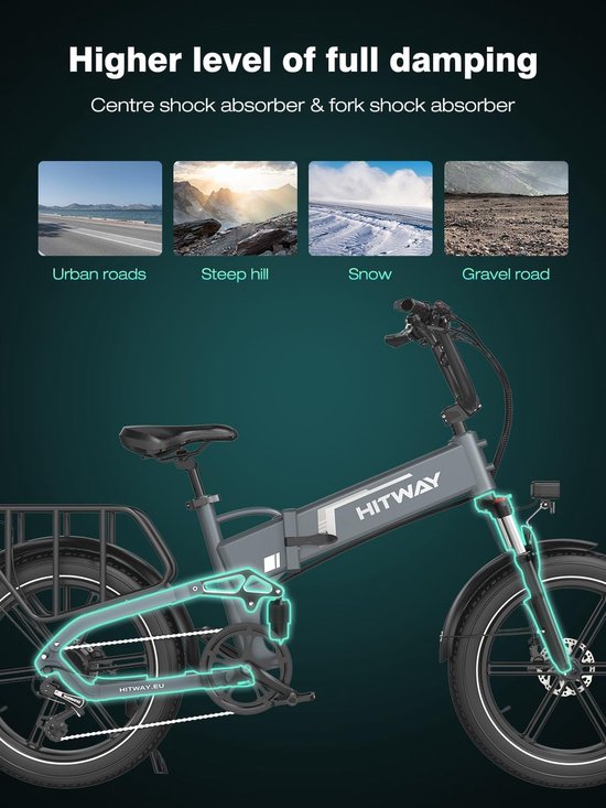 Hitway Elektrische Fiets BK6SL1 - 20*3.0 Inch Fat Tire City Commuter EBike met Afneembare 36V 15.6 Ah Lithium Batterij - Opvouwbaar Mountain E-Bike met 250W Motor - APP Bediening - 7 Versnellingen - IP54 Waterdicht van Hitway — afbeelding 2