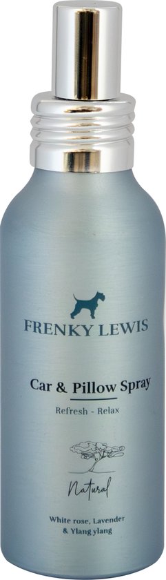 Flesje Frenky Lewis Car & Pillow Spray, lichtblauw. Met tekst 'Refresh - Relax' en 'White rose, Lavender & Ylang Ylang'.
