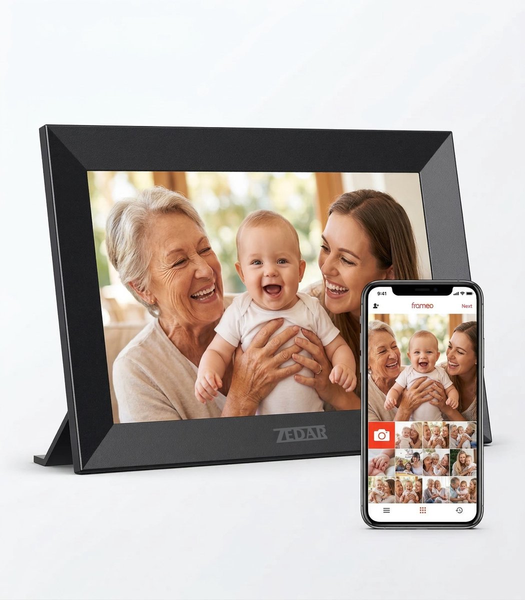 Bol.com Digitale fotolijst met WiFi en Frameo App – Fotokader - 7 inch – HD+ -IPS Display – Zwart - Micro SD - Touchscreen - Zed... aanbieding