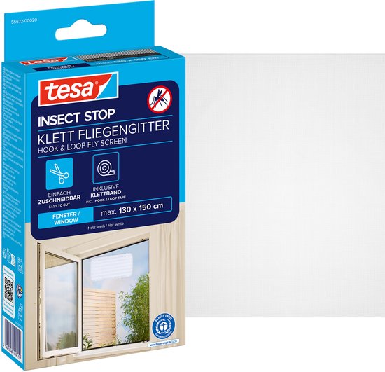 tesa INSECT STOP H&L Fly Screen for Window - hor met klittenband, op maat snijden, zonder boren - 1 net - 130 x 150 cm - wit (lichte privacy)
