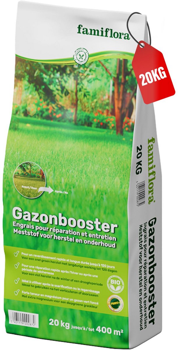 Famiflora gazonmest Gazonbooster 20kg tot 400m² - Bio - Snelle werking - NPK 6-3-3 (3) - Voor een donkergroen gazon! - Gazonmeststof - meststof gazon - gazon mest - gras mest
