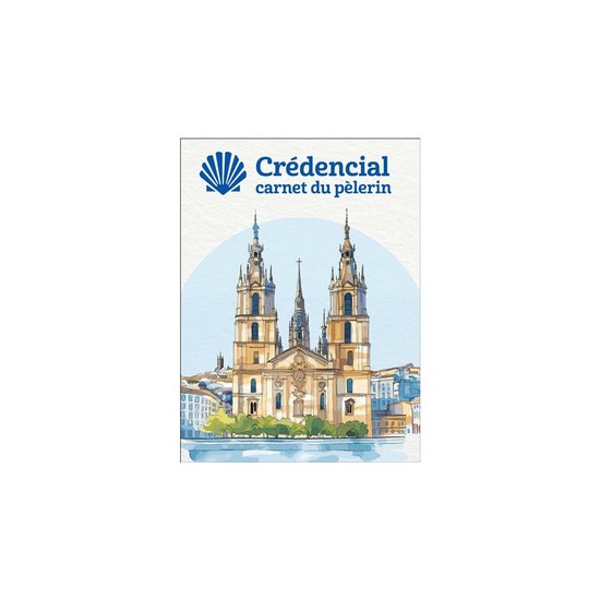 Crédencial, pelgrimsboekje met stempelkaart. Met een aquarel van de kathedraal van Santiago de Compostela.