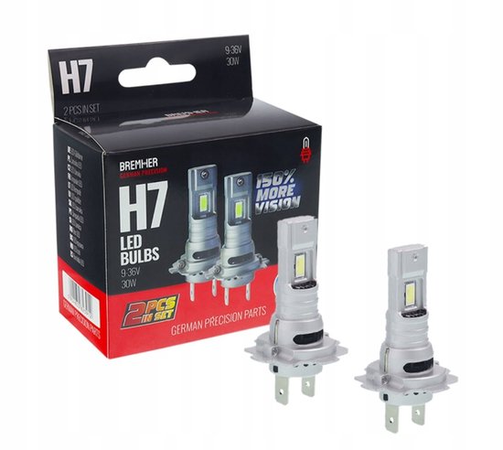 Bremher H7 LED-lampen set: doos toont twee lampen, '150% meer zicht', 9-36V, 30W.