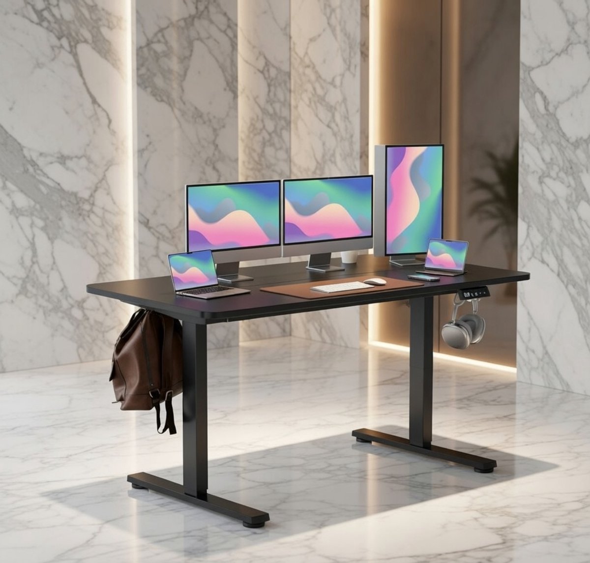 Premium Elektrisch In Hoogte Verstelbaar Bureau 160x60 cm – Zit-Sta Bureau met Geheugenfunctie, Anti-Botsing, Wielen, Modern Zwart Frame en Zwart Tafelblad – Ergonomisch Thuis- en Kantoorwerkplek House&Garden