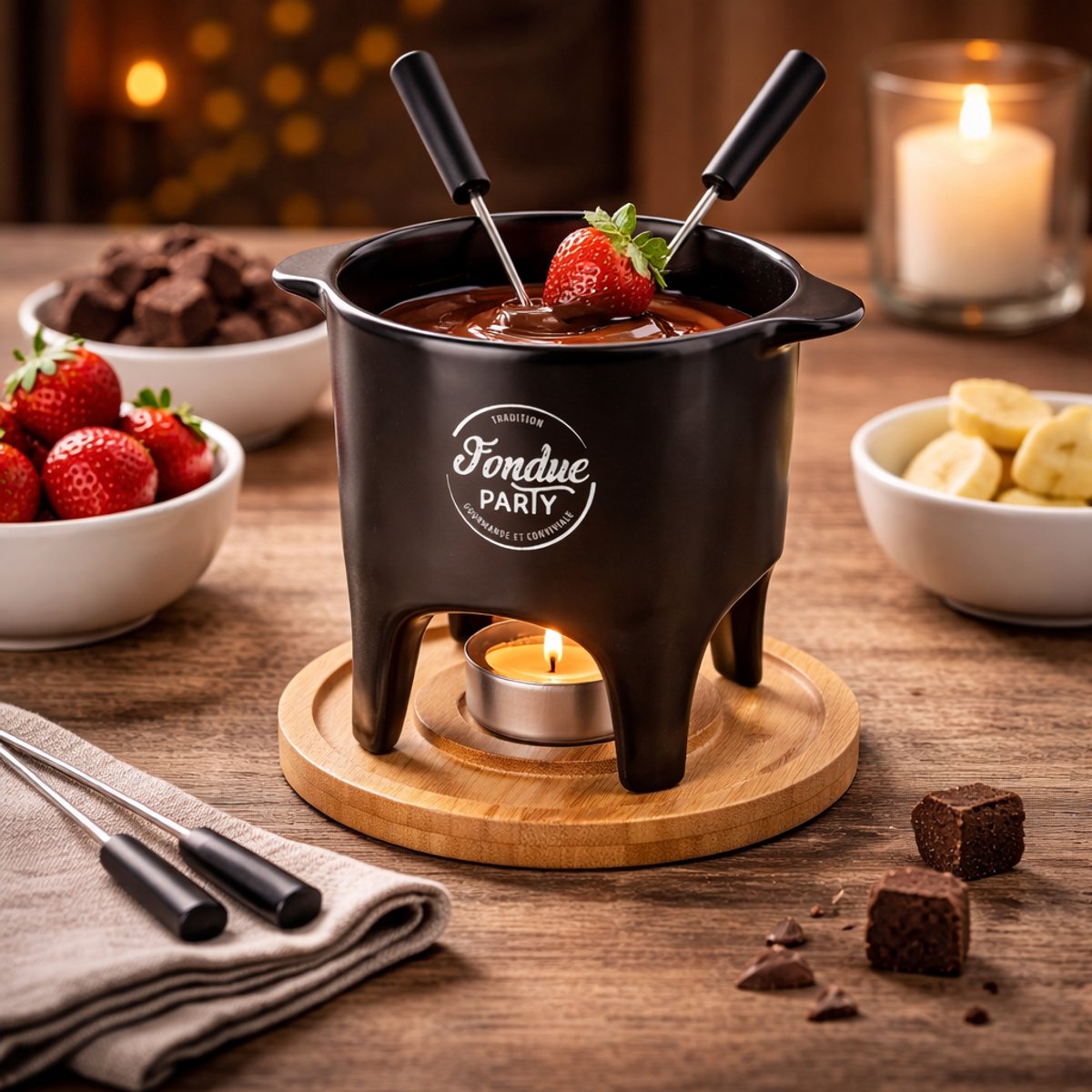 Fondue Set voor 2 Personen – Keramiek met Bamboe Onderplaat – Inclusief 2 Vorkjes – Ø 11 x H 15 cm