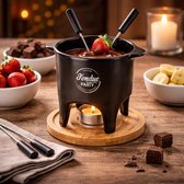 Fondue Set voor 2 Personen – Keramiek met Bamboe Onderplaat – Inclusief 2 Vorkjes – Ø 11 x H 15 cm