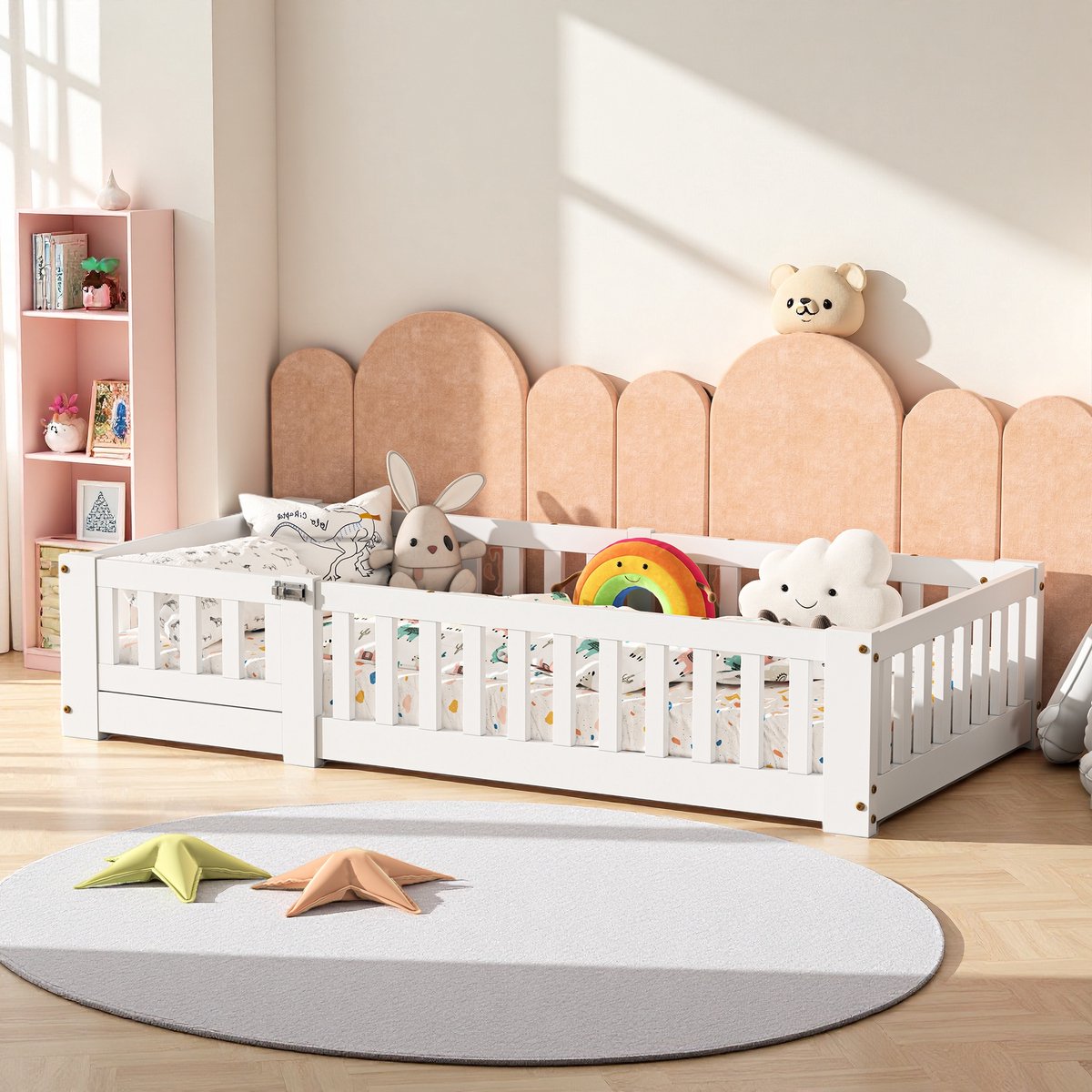 ROSAHQNDA Montessori kinderbed 90 x 190 cm met deur, valbeveiliging en lattenbodem, gemaakt van massief grenenhout, exclusief matras Wit