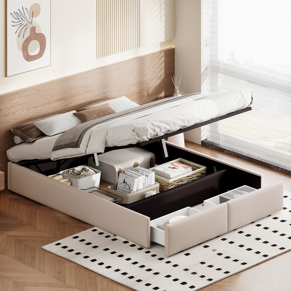 Solvenrik Bedframe 140x200 – met Opbergruimte & Lades – Zonder Hoofdbord – Linnen Beige