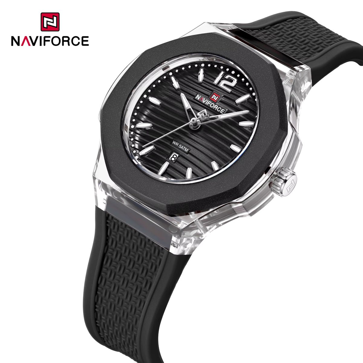 NAVIFORCE horloge met zwarte gefumeerde siliconen polsband, zwarte horlogekast en zwarte wijzerplaat voor dames met stijl ( Model 6109 BB )