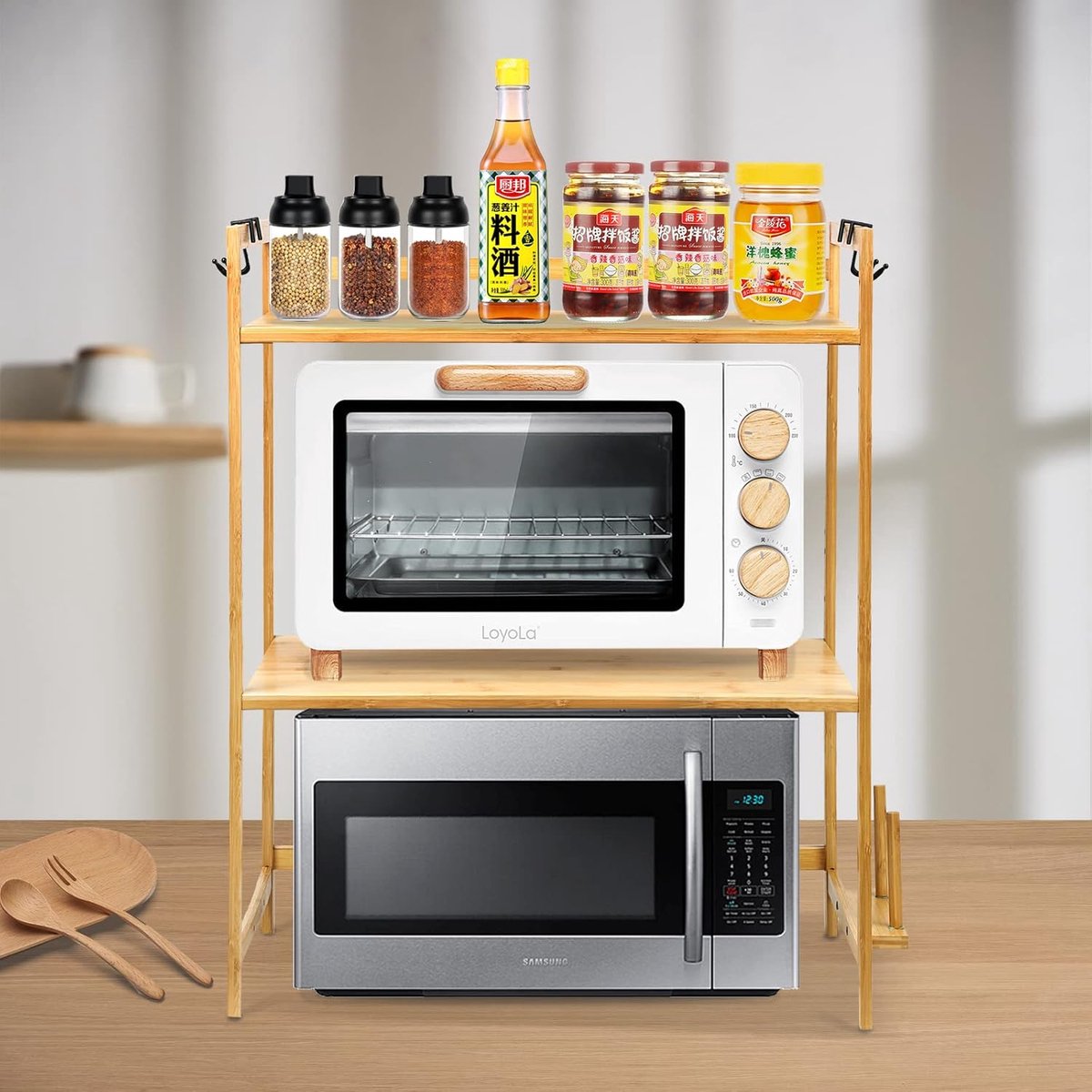 Magnetronrek Keuken - Keukenorganizer - Opbergen Keuken - Verstelbaar Bamboe - 52x37x65cm