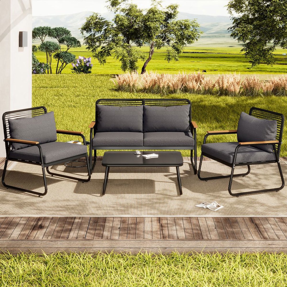 BLACKCOLORS Tuinset, bank- en tafelset voor 4 personen met gegalvaniseerd stalen frame, tafelblad van gehard glas, verstelbare poten, inclusief alle zit- en rugkussens, zwart