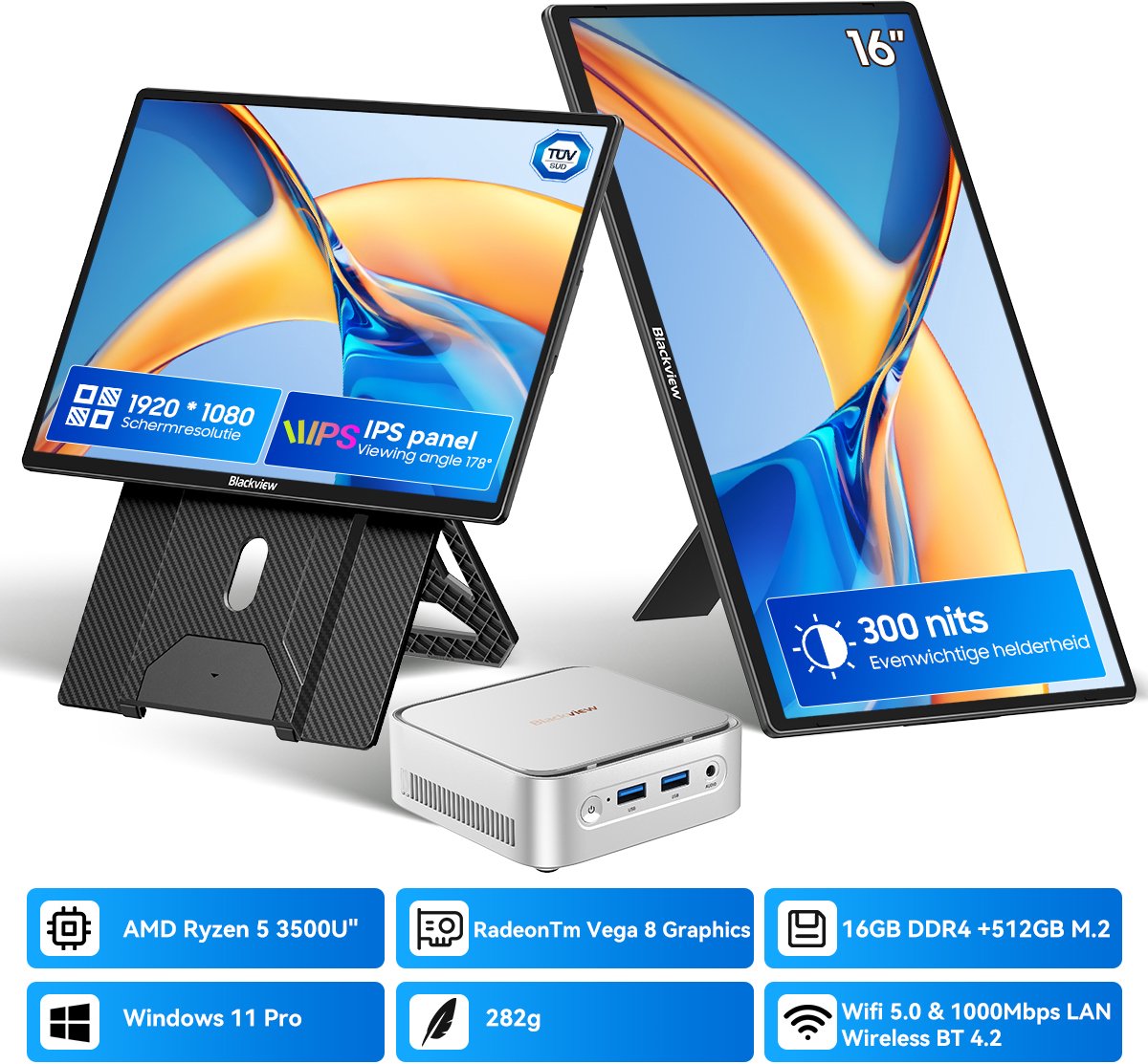 Blackview MP50 Mini PC + Table 10 Draagbare Monitor Set - 16GB DDR4 512GB SSD - AMD Ryzen 5 3500U - Windows 11 Pro - WiFi 5 Gigabit Ethernet - Toetsenbord Muis - 23,8 Inch FHD Draagbaar Scherm - Zilver