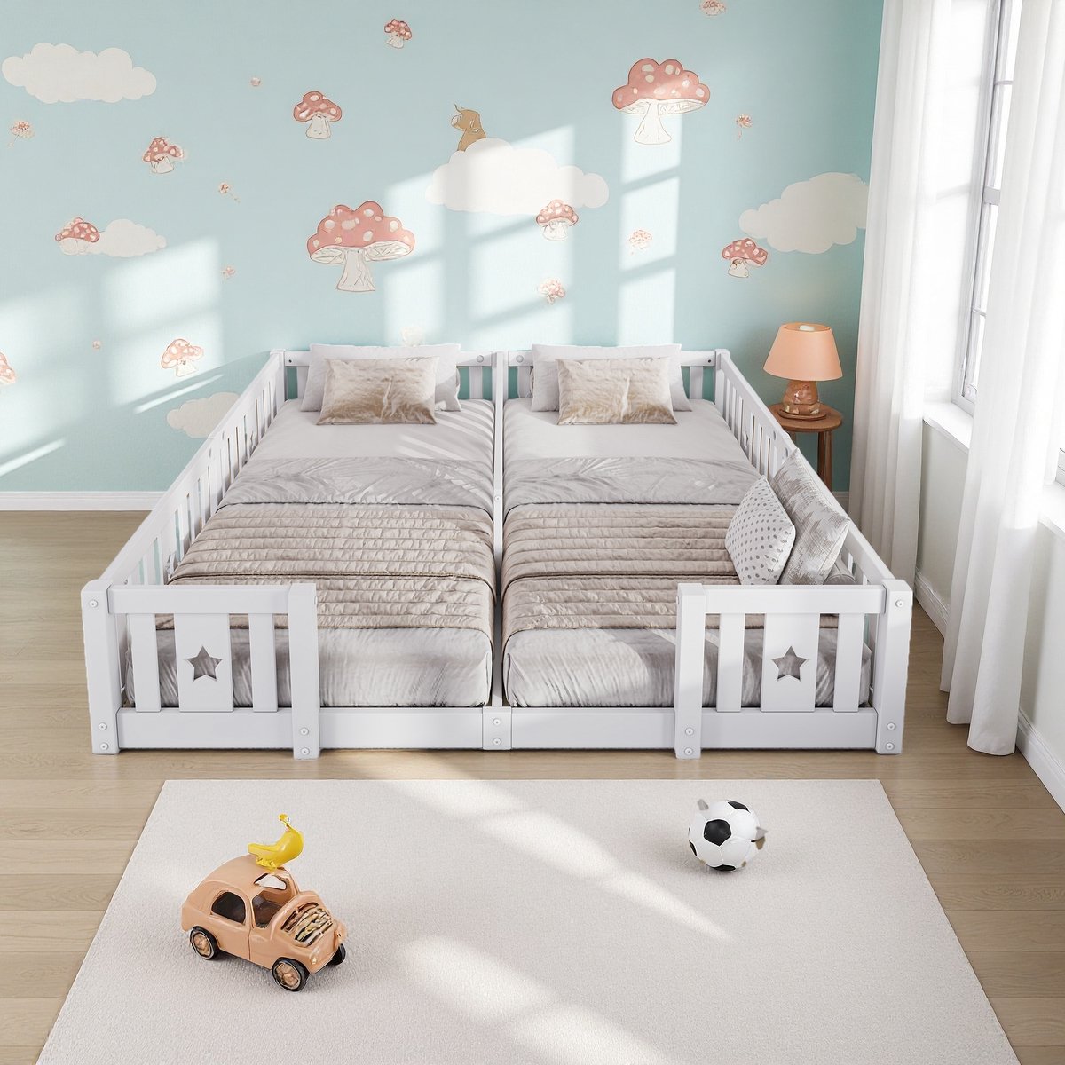 ROSAHQNDA Montessori kinderbed voor twee personen met valbeveiliging, 90 x 200 cm, massief hout, wit, voor jongens en meisjes, met lattenbodem Wit - met lattenbodem