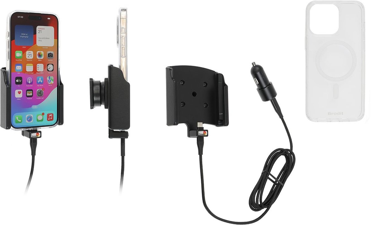 Brodit houder/lader iPhone 15 Pro Max USB sig - with case