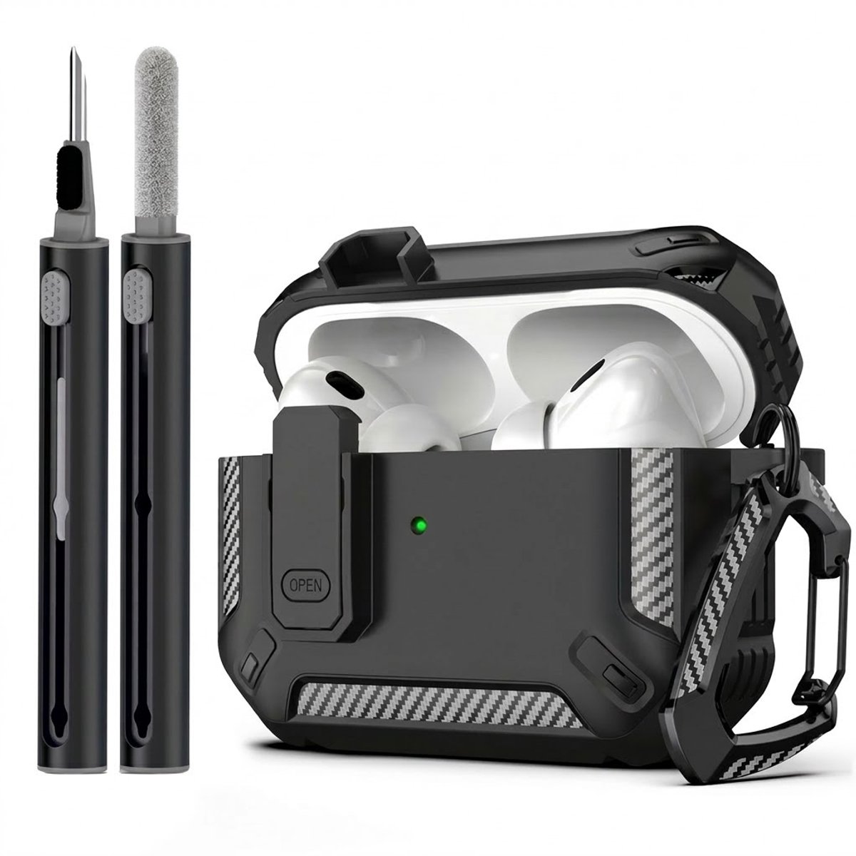 Zwart robuust hoesje voor oordopjes met carbon look geschikt voor AirPods Pro 2 inclusief schoonmaakset en karabijnhaak – schokbestendig en duurzaam