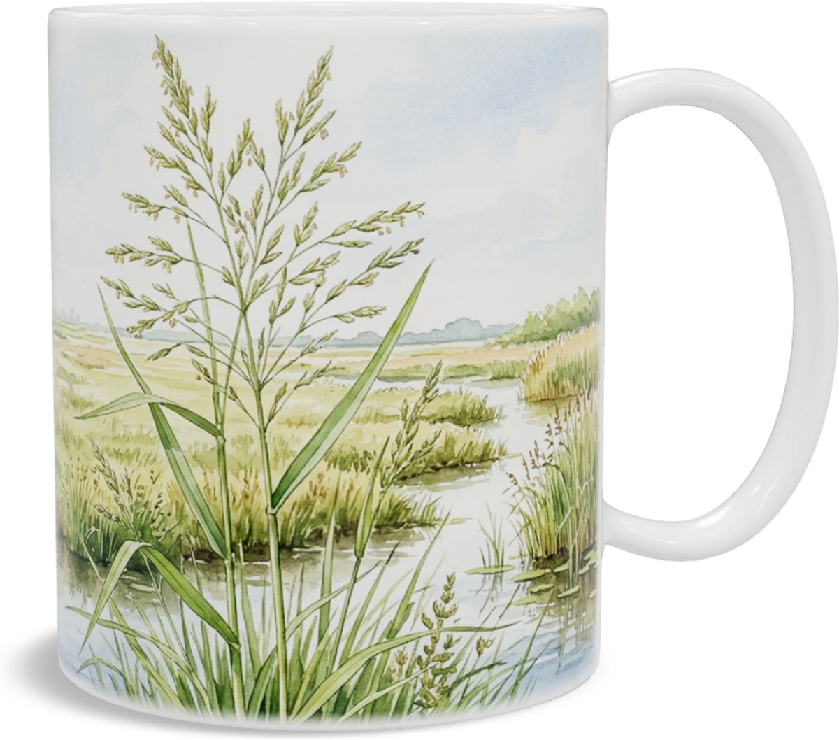 Aquarel Mok Bastaardvlotgras Glyceria - Botanische Grassenvormen Print - Hollands Waterlandschap met Knotwilgen en Molen - Natuurlijke Mok - Rustgevend Cadeau voor haar: Vrouw, Vriendin of Collega - Groen Blauw
