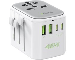 Reisadapter Wereldwijd - Universele Stekker - Stroomvoorziening Buitenland - 45W Snelladen PD - 7x5x5cm - Wit