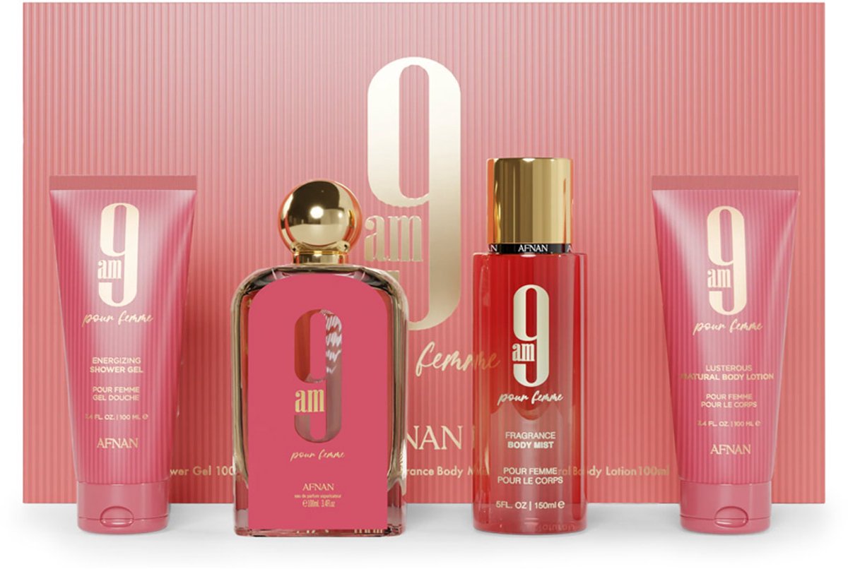 AFNAN AFNAN 9AM POUR FEMME DÁRKOVÁ SADA EDP 100 ML, SPRCHOVÝ GEL 100 ML, TĚLOVÝ ZÁVOJ 150 ML A TĚLOVÉ MLÉKO 100 ML 100ML