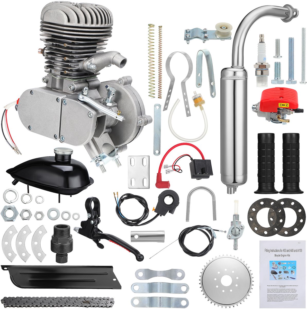 100cc 2-Takt Fietsmotor Kit – Luchtgekoeld Benzinemotor voor Fietsen – Compleet Bicykel Motorisatie Set – Geschikt voor de Meeste Fietsen & Scooters