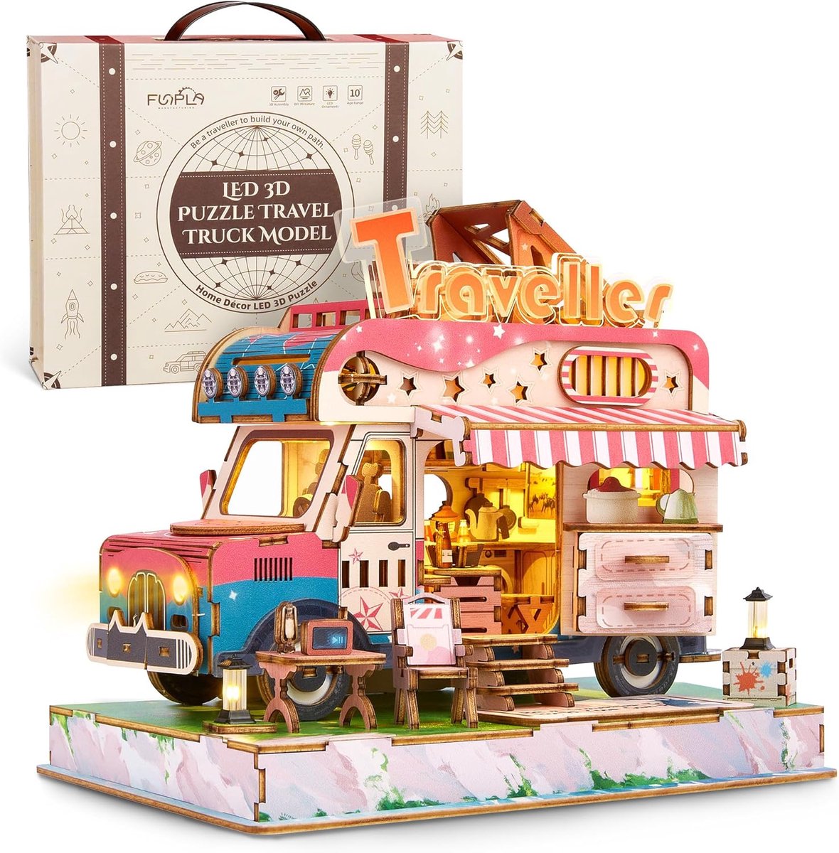 SnelShoppen - FUNPOLA 3D Houten Puzzel Reistruck Model – DIY Miniatuur Avonturen Truck Knutselkit met LED-verlichting, Creatief Cadeau voor Volwassene