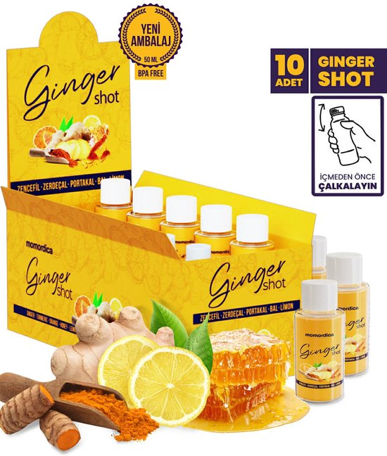 Gele verpakking met "Ginger shot" erop. Twaalf kleine flesjes staan naast gember, kurkuma, citroen en honingraat.