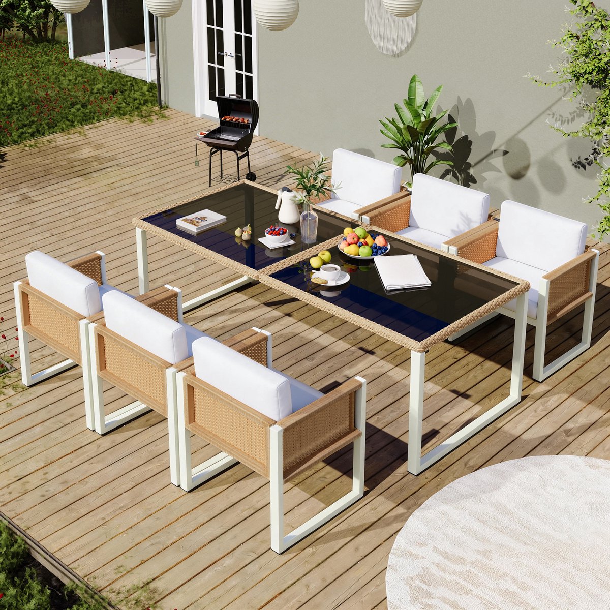 Rotan eettafel- en stoelen set - tuinmeubilair - voor 6 personen - inclusief stoelen - met afneembare en wasbare stoffen hoezen - bruin