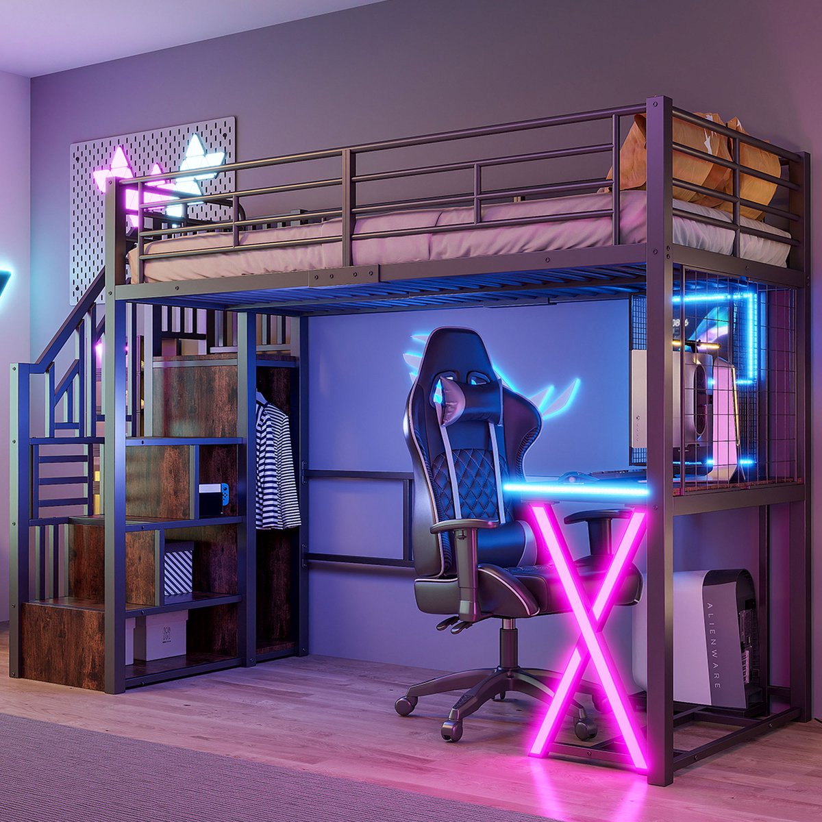 Zubaliya Hoogslaper 90*200 cm, met Ledverlichting, Opbergladder, Bureau, Kledingkast, Planken, Exclusief Matras, Zwart