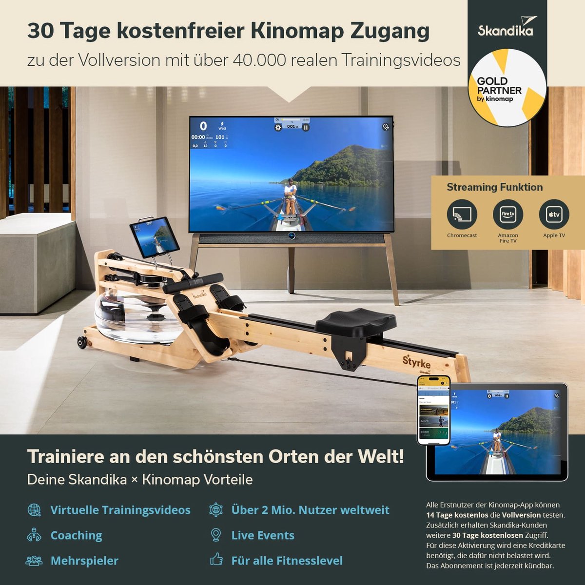 Skandika Styrke Roeitrainer Houten Waterweerstand Naturel - afbeelding 2