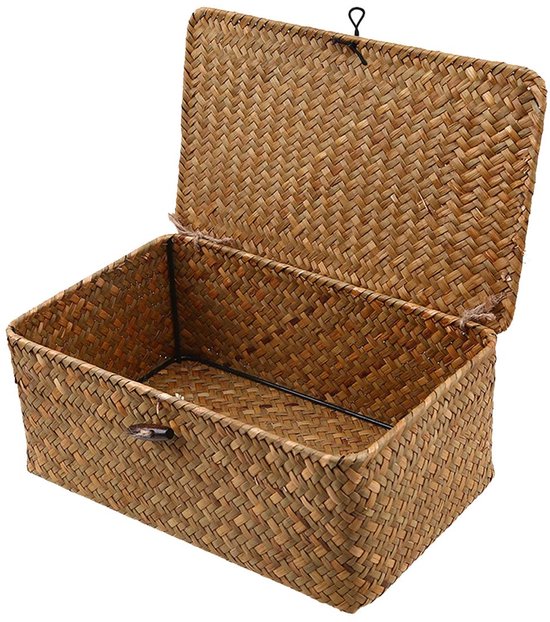 Elkuaie Rattan Opbergmand - Met Deksel - Voor Badkamer Keuken Woonkamer - 1 Stuk - Natuurlijk