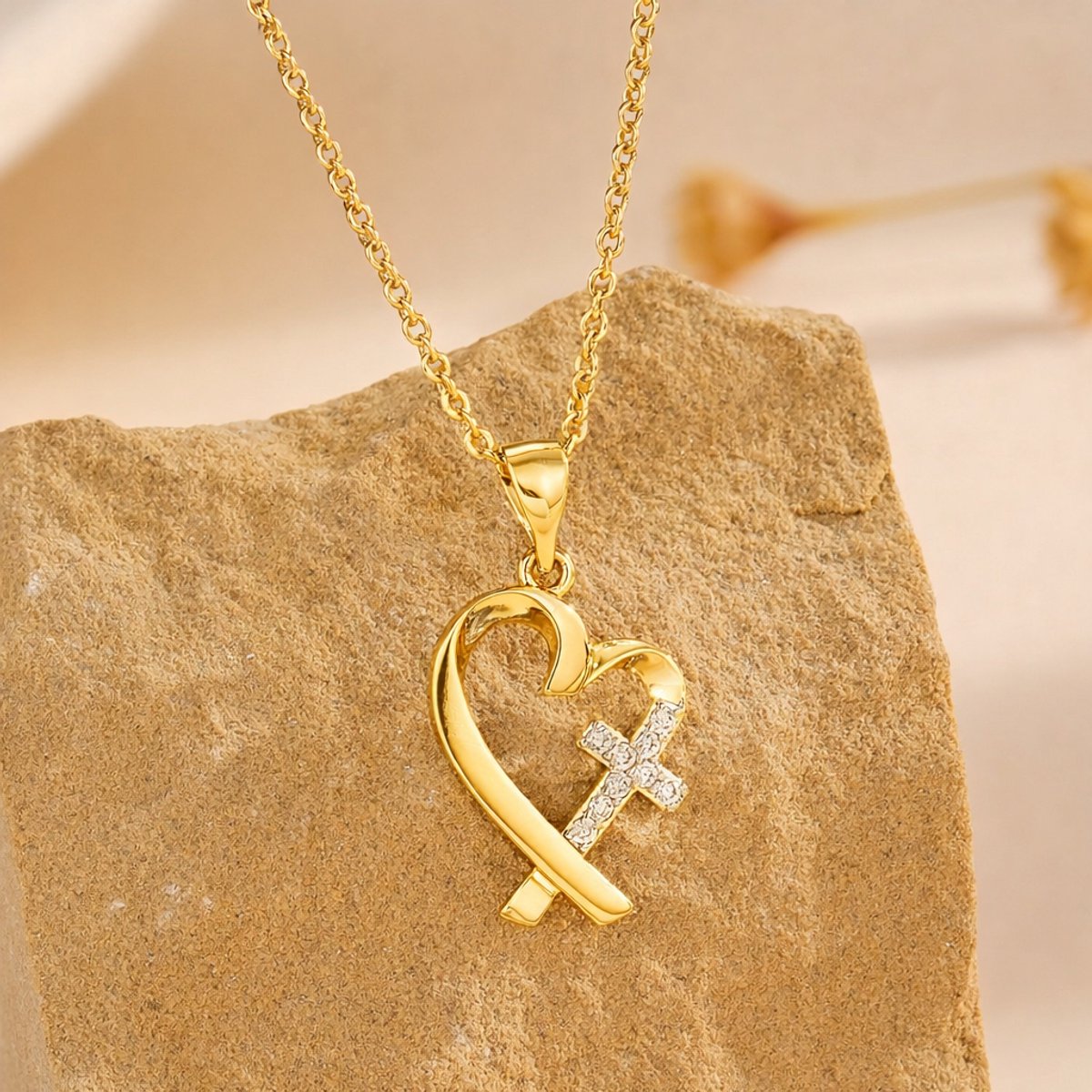 VANDAAG VERZONDEN - Ketting Kruis hart - Cor Sinho® - Kruis 2cm - Christelijk - Goud Staal Diamant - Hanger hartje- Sieraad - Valentijn Liefde Religieus Cadeau
