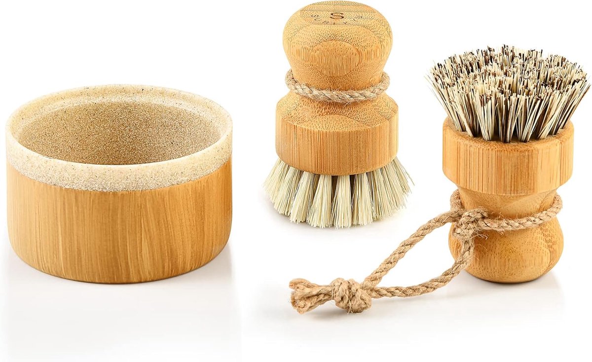 Schotelborstel Set - Keuken Borstels - Vaat Reinigen - Natuurlijk Bamboe Handvat - 2 Stuks