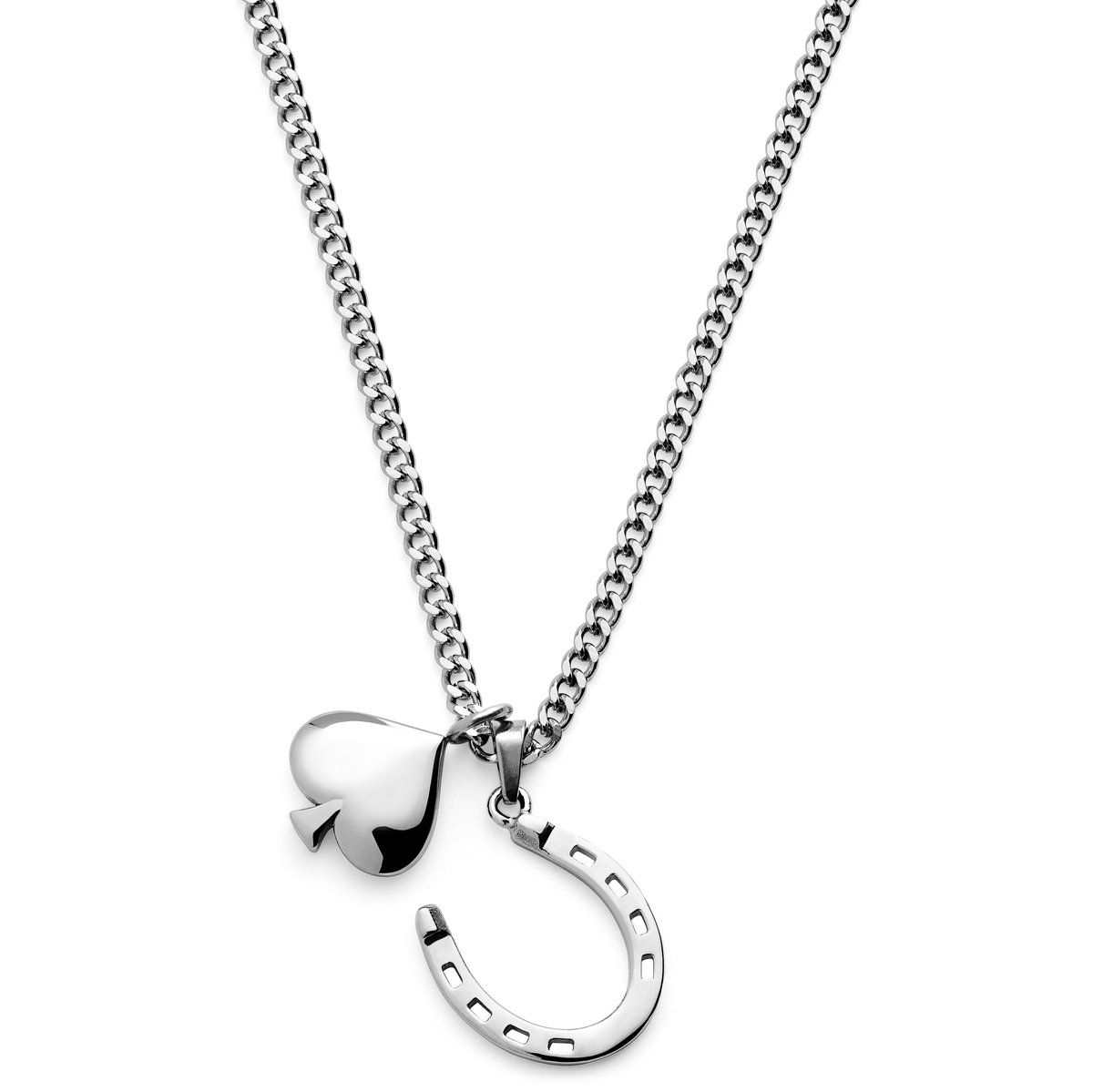Ace | Zilverkleurige Ketting met Dubbele Hanger van een Hoefijzer & Schoppenteken