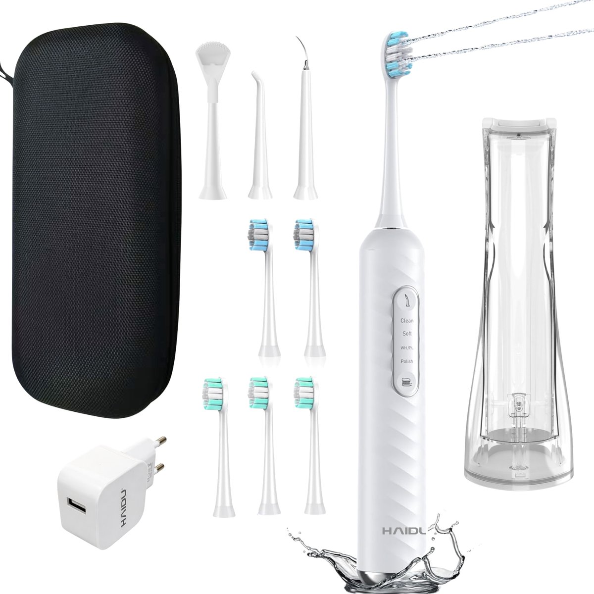 HAIDU Elektrische Tandenborstel Wit met Tongschraper en Oplader – Waterflosser – 3 in 1 – 5 Opzetborstels – Reisetui – Premium Plus