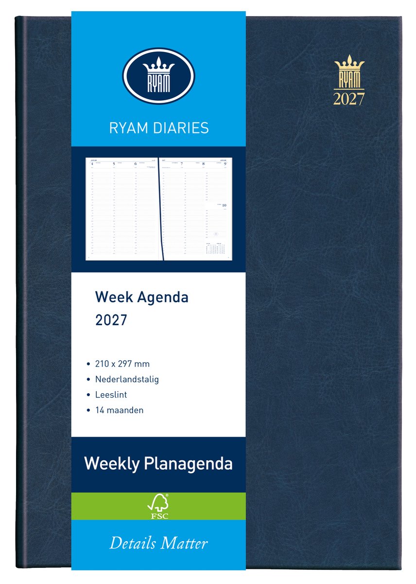 Ryam | Bureau agenda | Weekly Wit NL Mundior | 2027 | Genaaid gebonden | A4 | 14 mnd | Blauw |