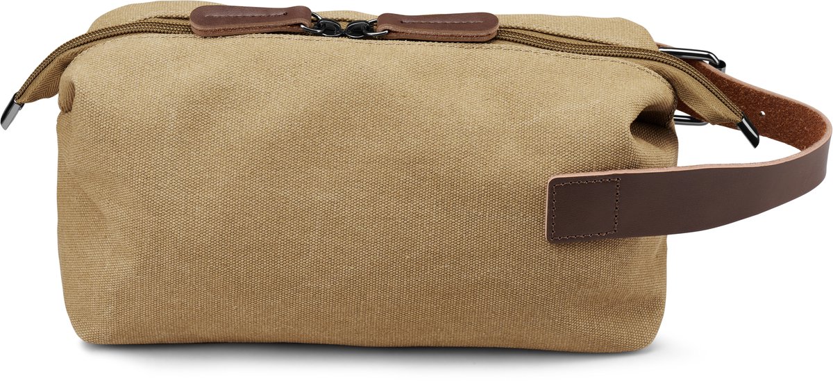 Toilettas van mosterdgeel canvas en bruin leer