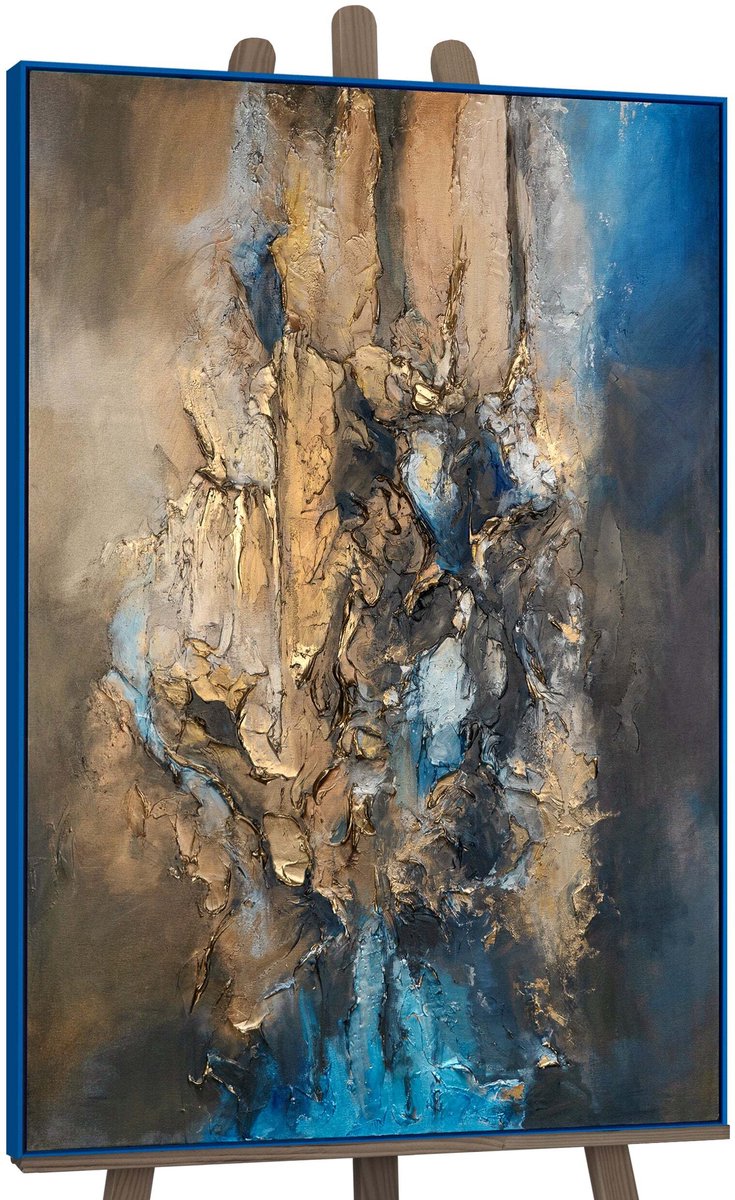 YS Canvas schilderij groot handgeschilderd elegante abstractie verfijnd – YS-Art Gallery – Luxe wanddecoratie voor woonkamer – Modern schilderij voor slaapkamer en kantoor Blue