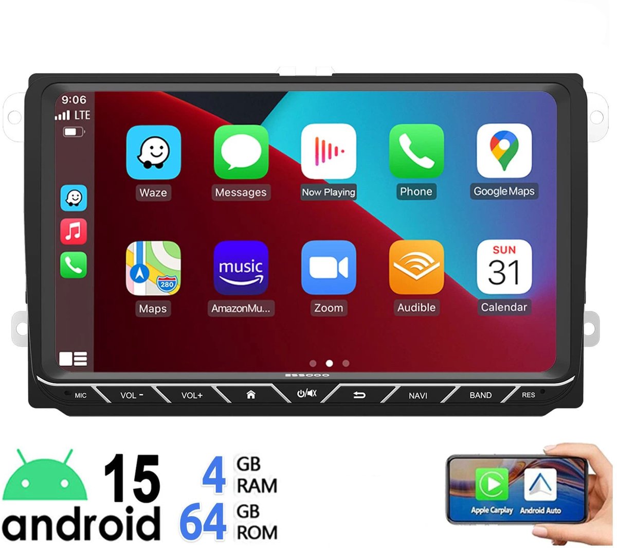 ESSGOO Autoradio geschikt voor Volkswagen VW GOLF 5 6 Passat Touran Tiguan EOS - Draadloos Apple CarPlay & Android Auto - 4GB + 64 GB - Android 15 - navigatiesysteem - Bluetooth & Wifi FM RDS USB