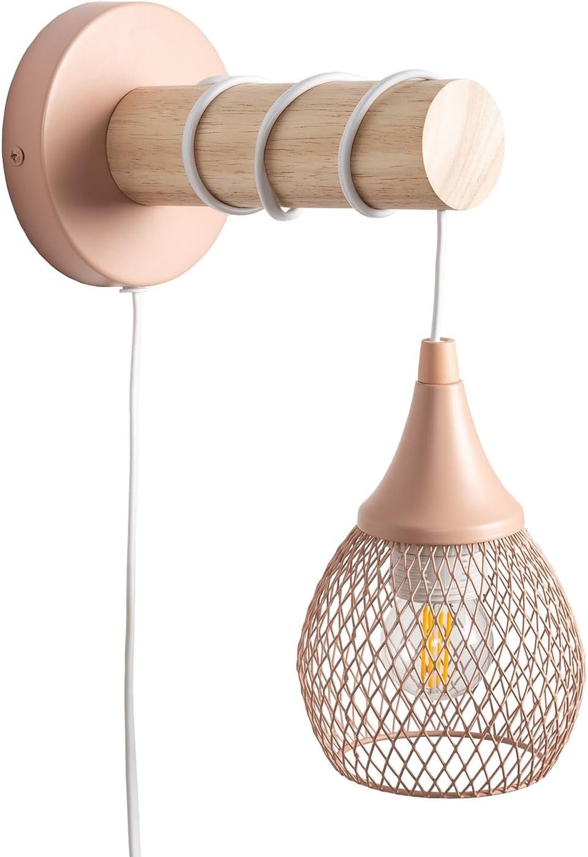 Moderne Wandlamp - Sfeervolle Verlichting - Binnenruimtes Decoreren - Metaal met Hout - 28x12x25 cm - Pastel Roze