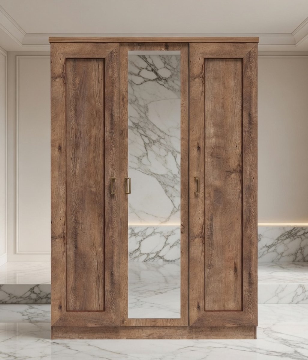 Lefkas Luxe 3-Deurs Spiegelkast – Draaideurkast met Eiken Look, Kledingstang en 5 Legplank