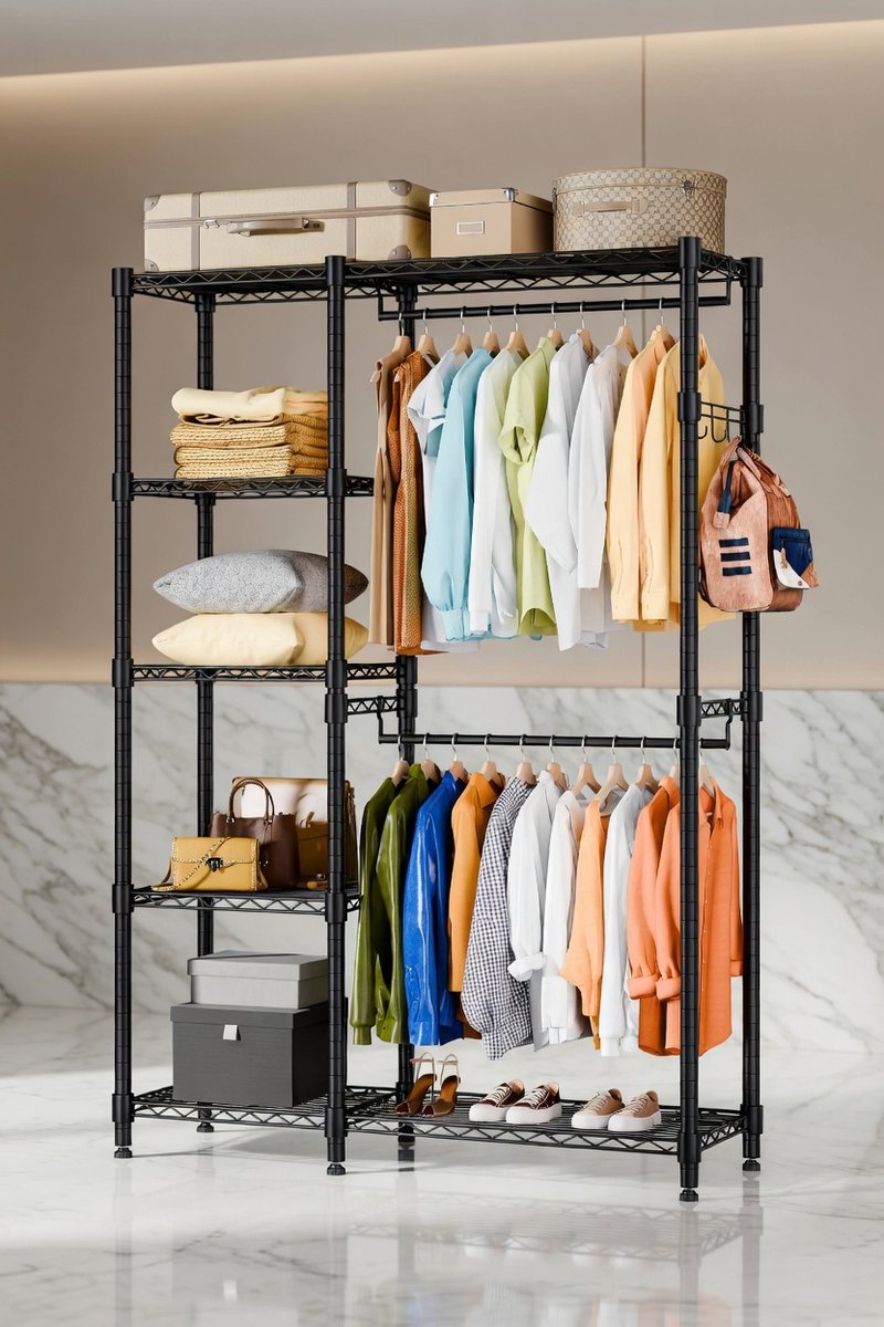 Premium Metalen Kledingrek met 2 Kledingstangen en 5 Verstelbare Planken – Zwart, Robuuste Garderobe voor Slaapkamer, Hal en Inloopkast – Open Kledingstandaard voor Jassen, Tops, Schoenen en Accessoires House&Garden