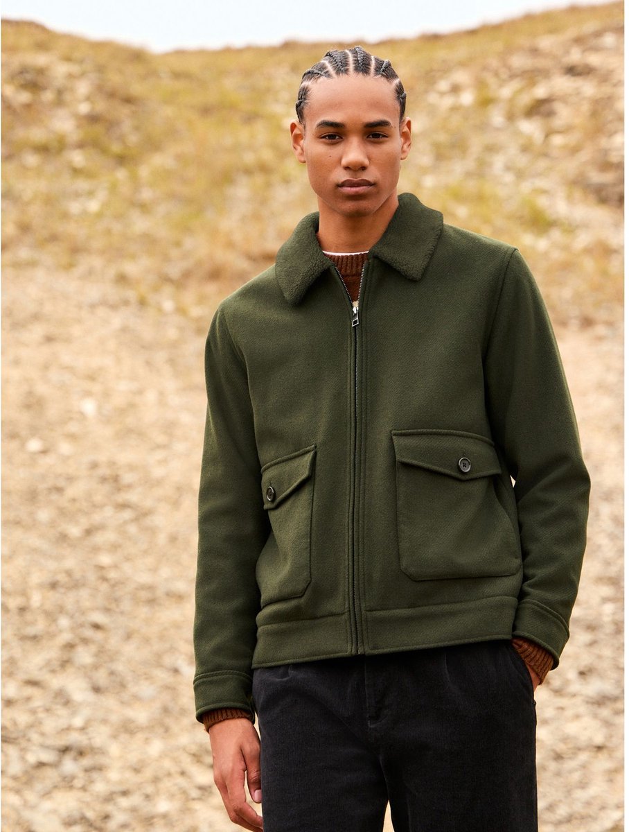 Next - Heren - Twill Wool Blend Borg Collar Jacket - Groen