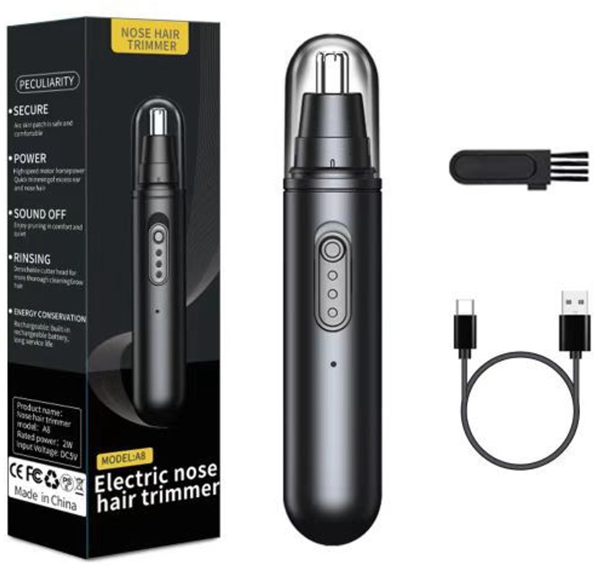 Neushaartrimmer voor heren – Oorhaartrimmer – Elektrische neushaartrimmer - neustrimmer – Voorzien van eenvoudig te reinigen, afneembare zwarte kop – ABS – Zwart