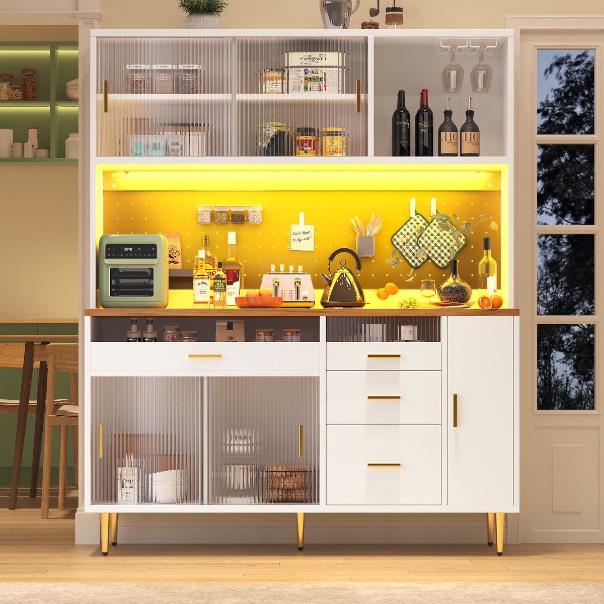 REDOM - Hoge Opbergkast - Verstelbare Planken En Ledverlichting - Modern - Voor Woonkamer - Glas En MDF - Wit - 145x39x171 Cm