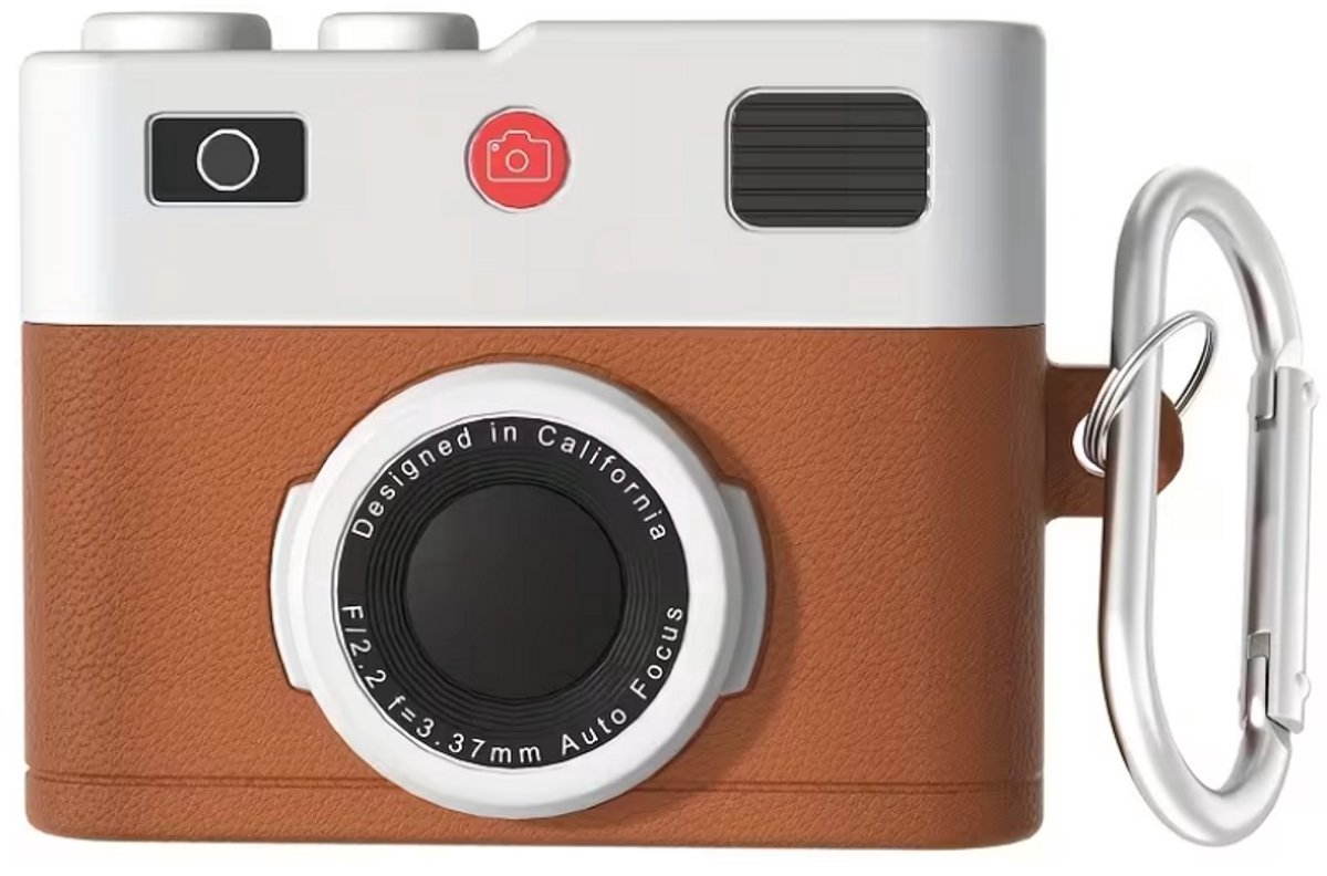 Bruin wit hoesje voor oordopjes unisex in retro camera vorm met karabijnhaak geschikt voor AirPods 4 met leerlook structuur en reliëf details