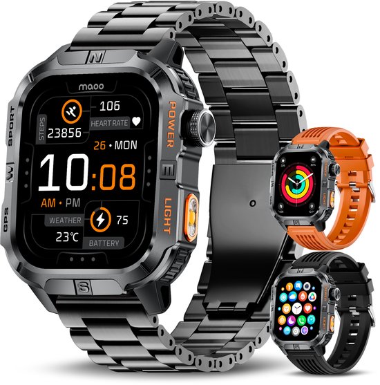 Maoo FORGE GPS Square - GPS Smartwatch Heren - Sporthorloge - 3 Bandjes - Stappenteller - Hartslagmeter - Slaapmonitor - Belfunctie - LED Zaklamp - Multisport - Geschikt voor Android en iOS - Gun Metal Orange