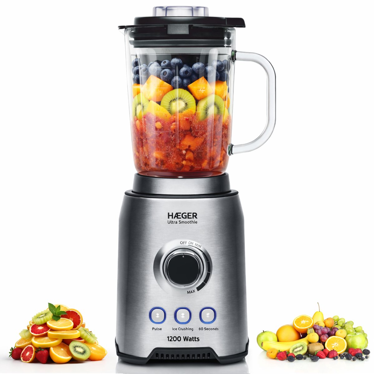 Haeger Ultra Smoothie Blender - BPA-vrij - 1.75L Glas - Smoothie Maker - 1200W - Ijscrusher - Power - Krachtig & Stil - Zilver